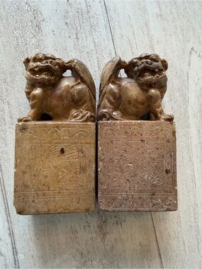Antique 1900 Chinese foo dog sculptures carved from soapstone-Bookends